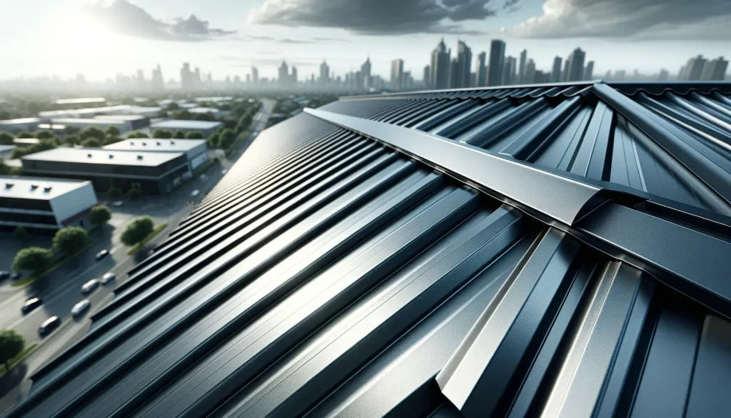 A different angle of a standing seam metal roof, showcasing its durability and style. The image features a metallic, charcoal-gray colored roof