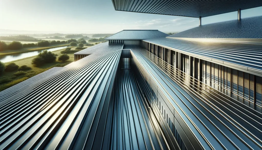 A panoramic view of a building with a standing seam metal roof, emphasizing the roof's architecture and design.