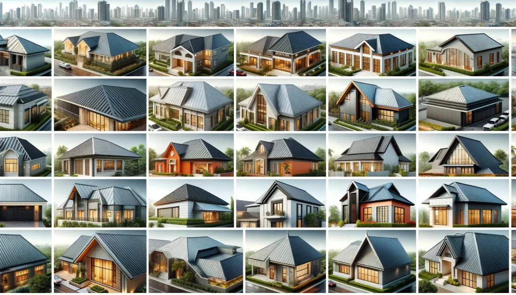 different types of standing seam metal roofs on various buildings. The image includes a mix of residential homes