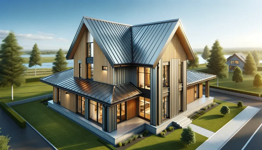 house with a standing seam metal roof. The house is modern in design, with large windows and a combination of wood and stone