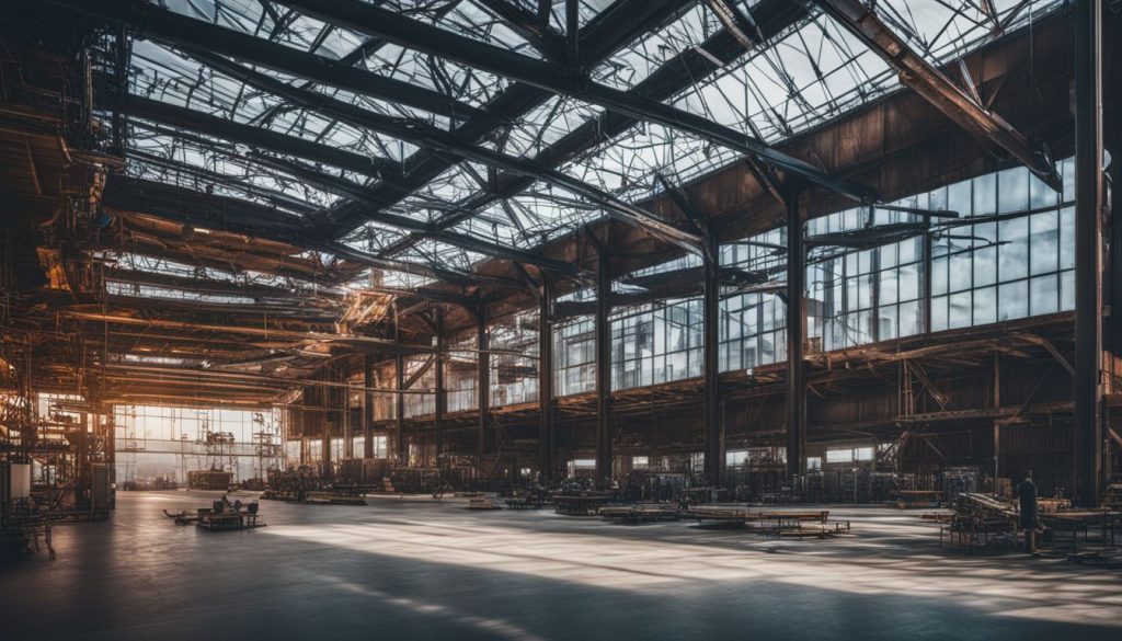 A futuristic industrial building with a large space frame system in a bustling atmosphere.