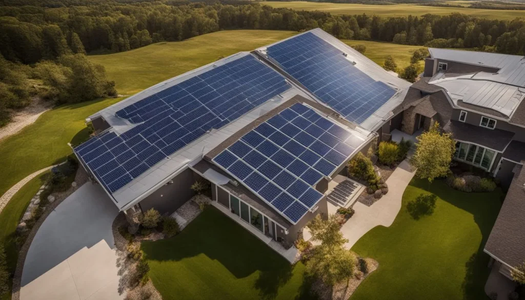 A modern metal roof with solar panels and a bustling atmosphere, captured in crystal clear detail.