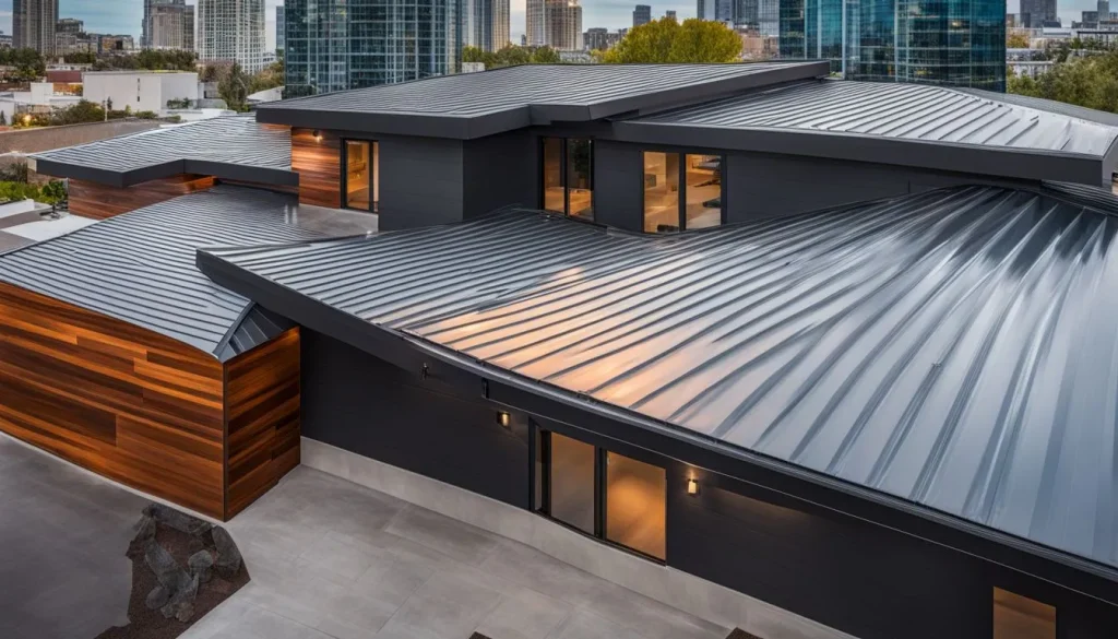 A modern metal roofing panel installation on a contemporary home in a bustling cityscape.