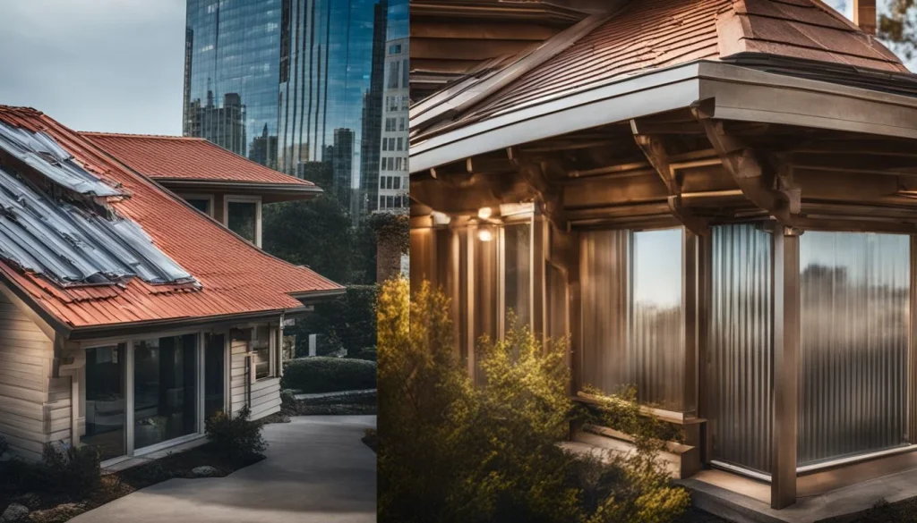 A comparison of different metal roofing systems with a cityscape background in a bustling atmosphere.