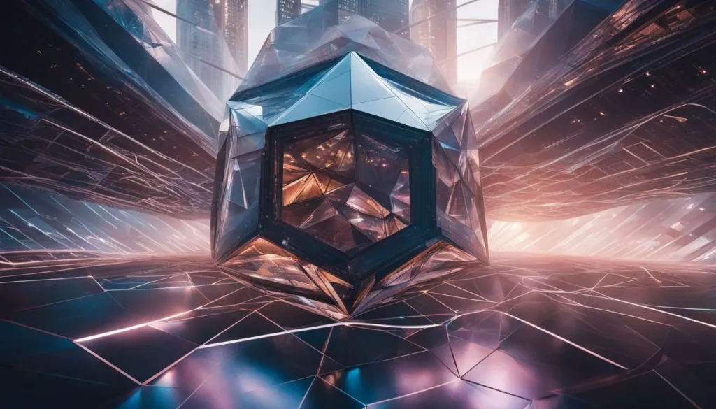 A futuristic 3D structure floating in a digital space, with various faces, hairstyles, and outfits.