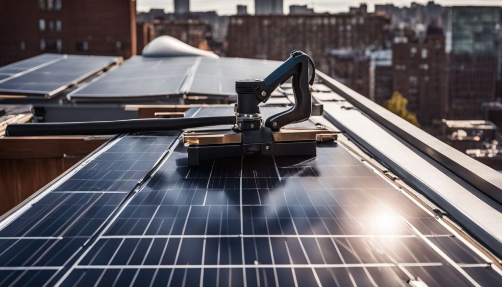 A standing seam clamp securely fastens a solar panel onto a sleek rooftop in a bustling city.