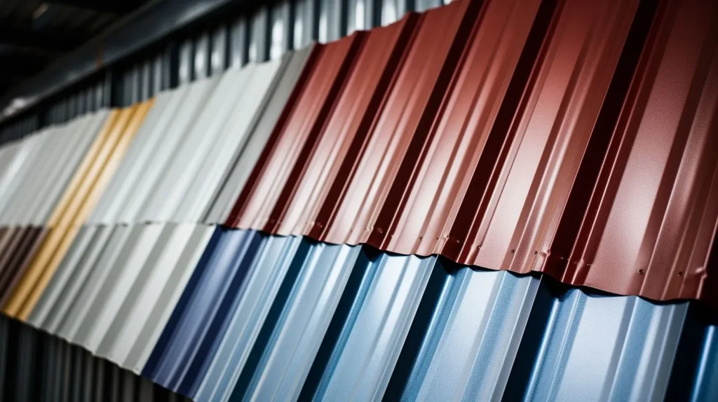 Multiple metal roofing sheets displayed in a warehouse captured by a high-resolution DSLR camera.