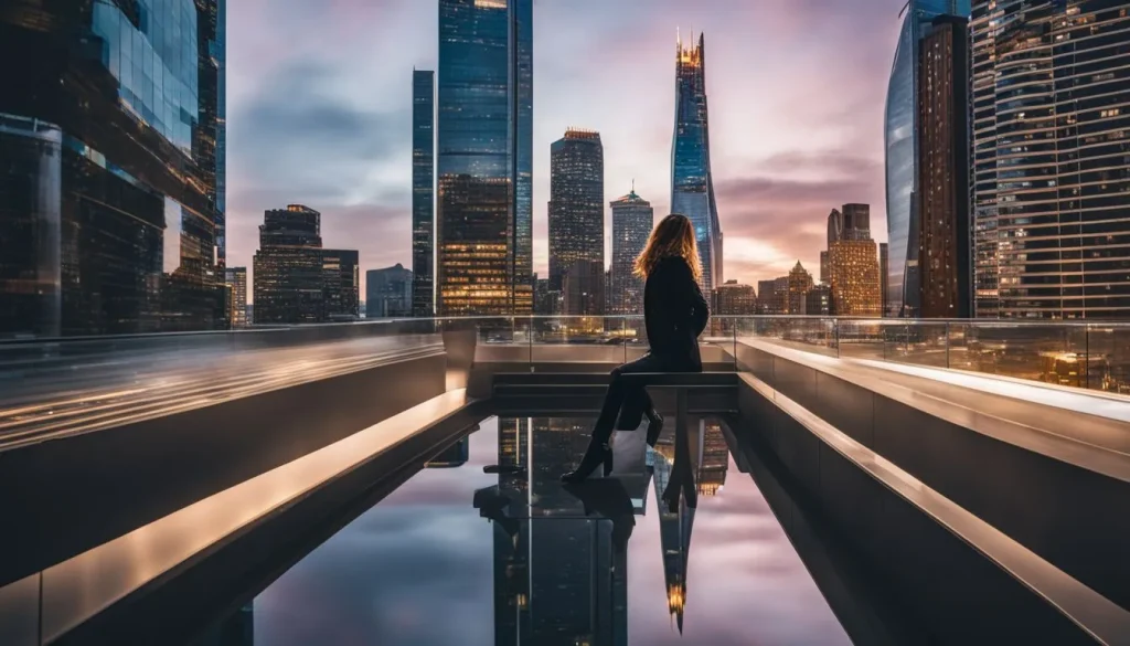 A modern architectural structure stands against a city skyline in a bustling atmosphere.