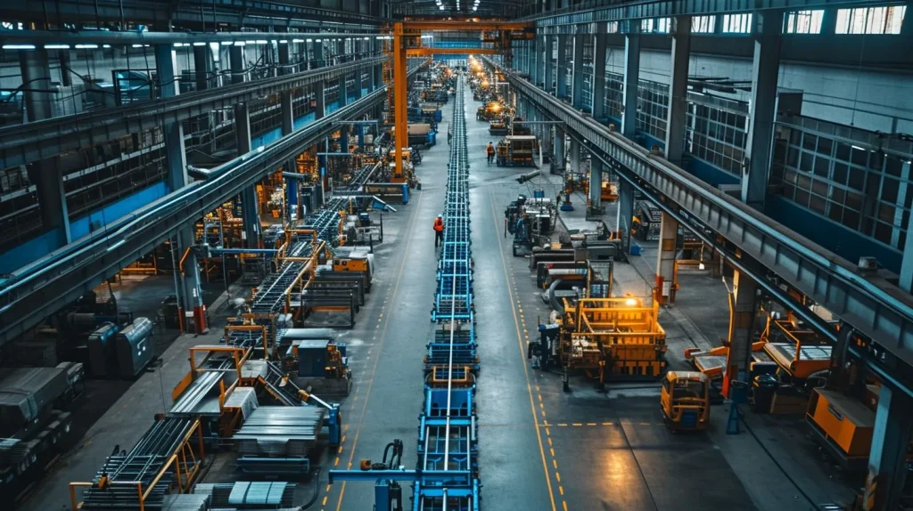 A standing seam machine in an industrial workshop with workers operating it.