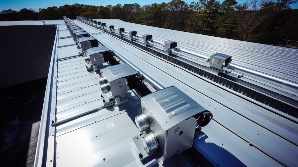 An array of standing seam clamps attached to a metal roof, captured with a drone camera.