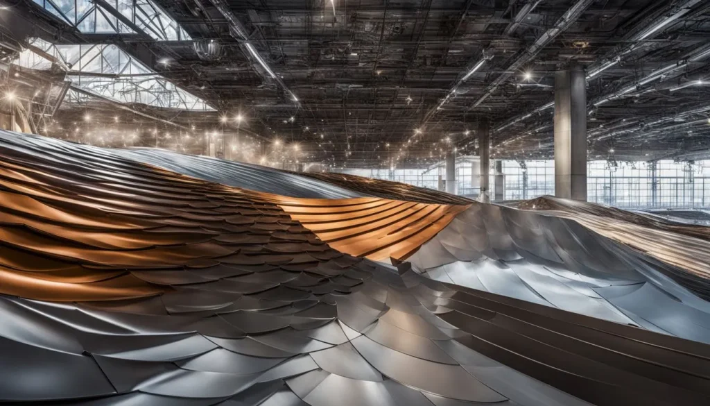 Different metal roofing panels displayed against an architectural blueprint, with no humans in the scene.