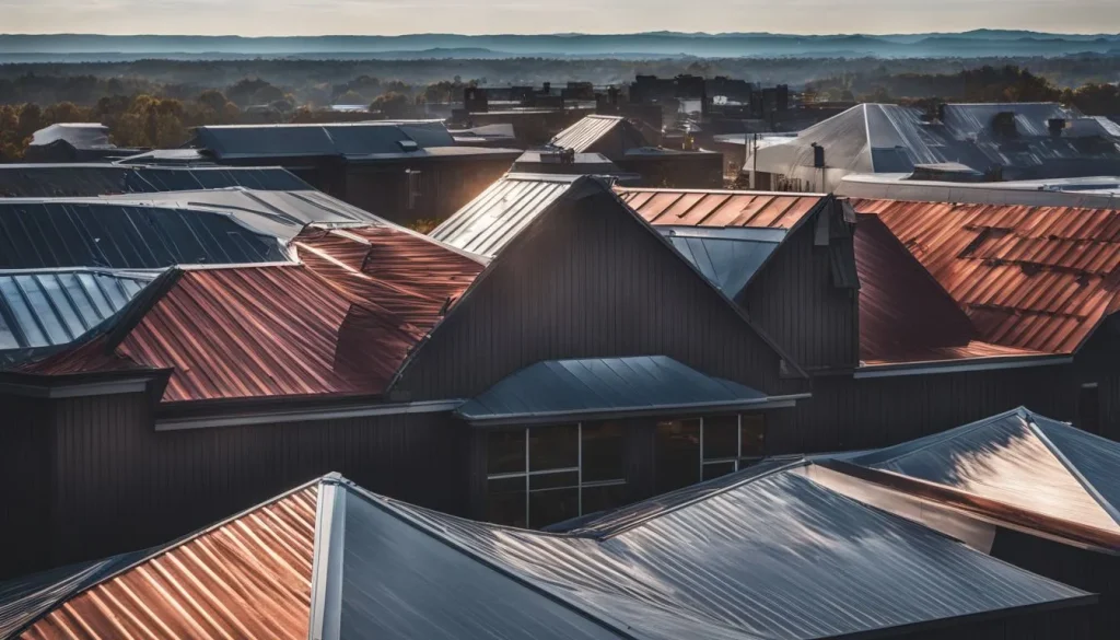 A variety of standing seam metal roofs in different designs and materials are captured in a bustling cityscape.