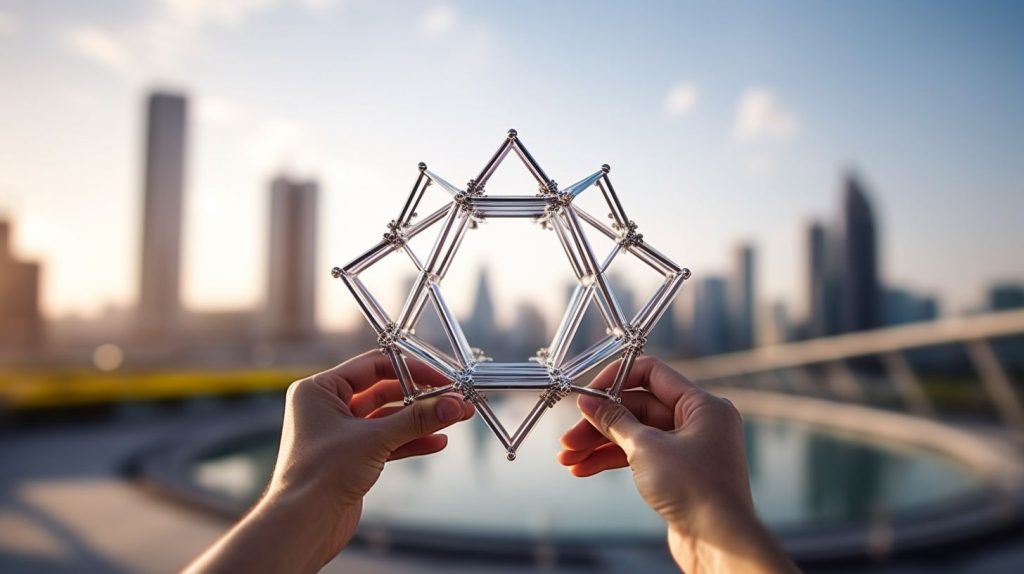 A geometric space frame structure stands out against a modern urban skyline.