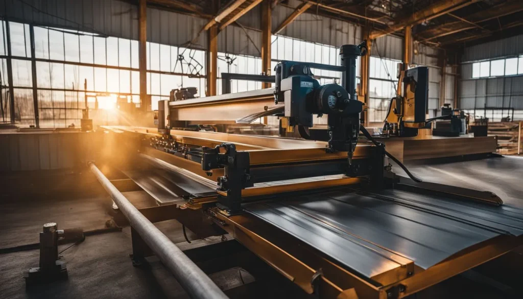 A standing seam machine in action at a construction site captured in 8K UHD.
