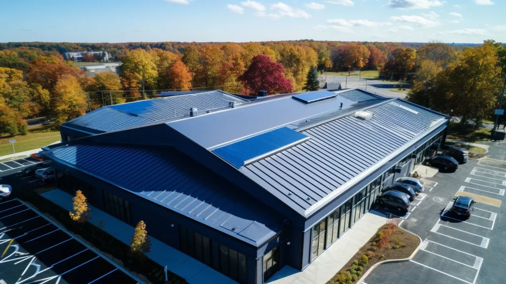 A drone captures a standing seam metal roof against a clear blue sky.