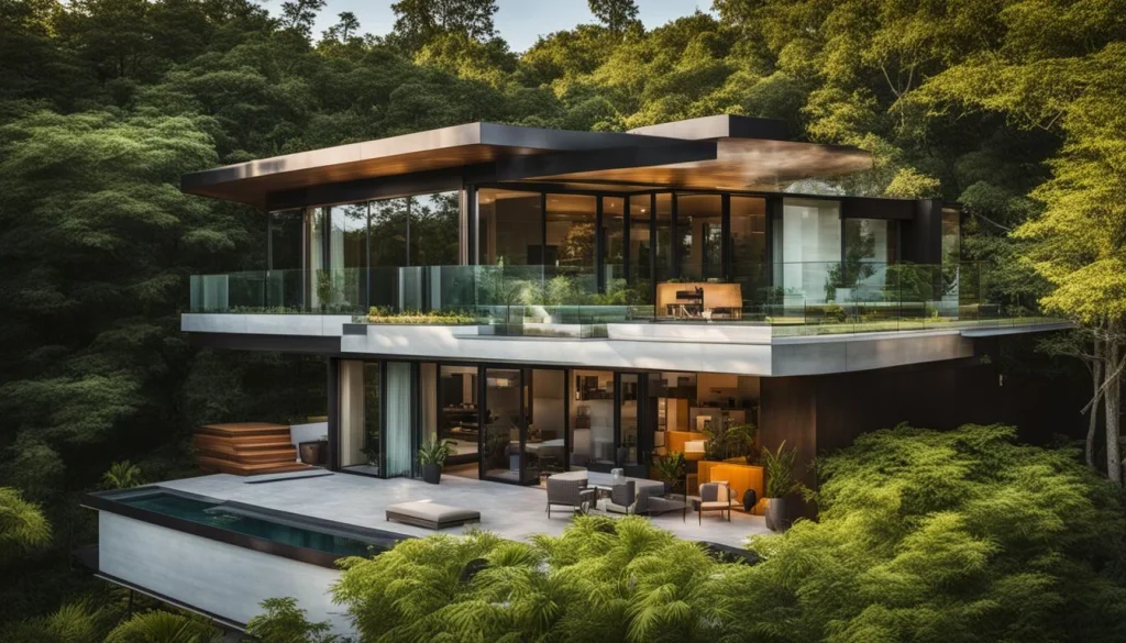 A modern house with a Galvalume® metal roof surrounded by lush greenery, in a bustling city atmosphere, captured with a wide-angle lens.