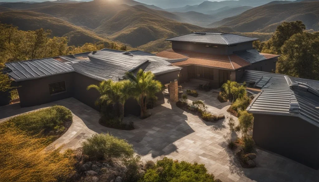 A photo of a stone-coated steel roofing shining under sunlight in a bustling atmosphere.