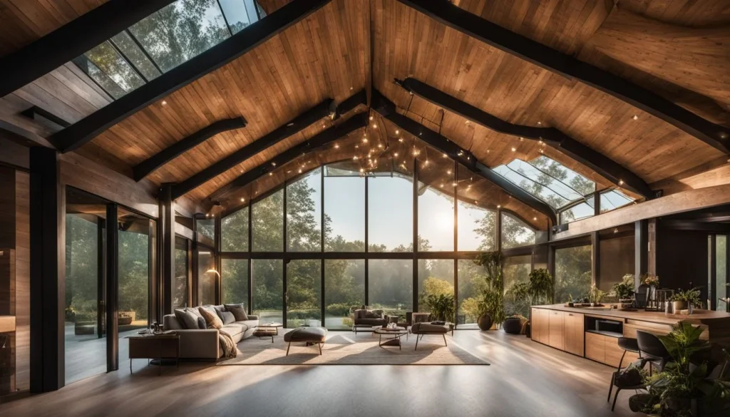 A modern barn surrounded by lush greenery, displaying different hairstyles, outfits, and bustling atmosphere.