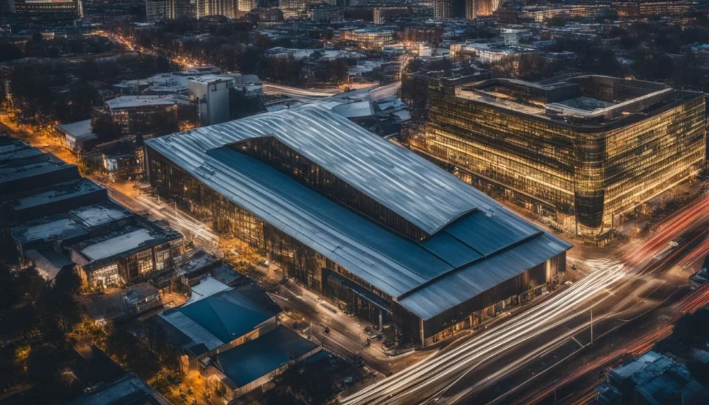 An aerial photo of a modern building with a corrugated metal roof, surrounded by a bustling cityscape.