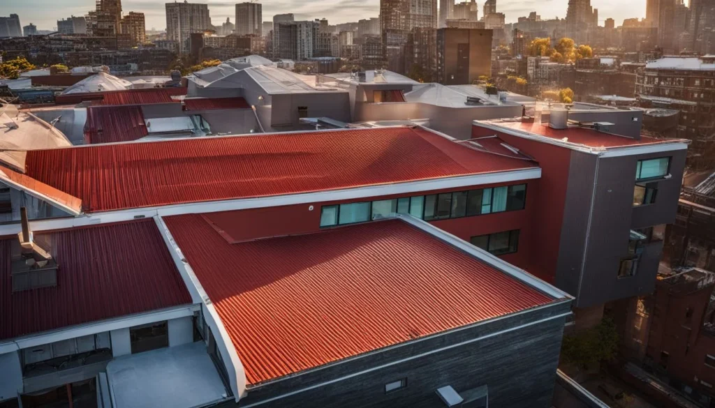 A close-up of vibrant, professionally installed mechanically seamed roofing in a bustling urban environment.