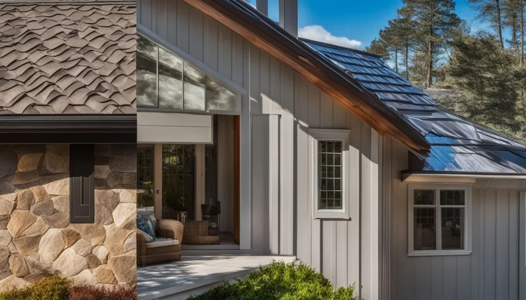 A comparison photo of stone-coated steel and standing seam metal roofing panels in a residential setting.