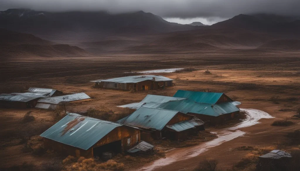 An image of corroding rusty corrugated metal roofing panels under heavy rain, surrounded by a barren landscape.