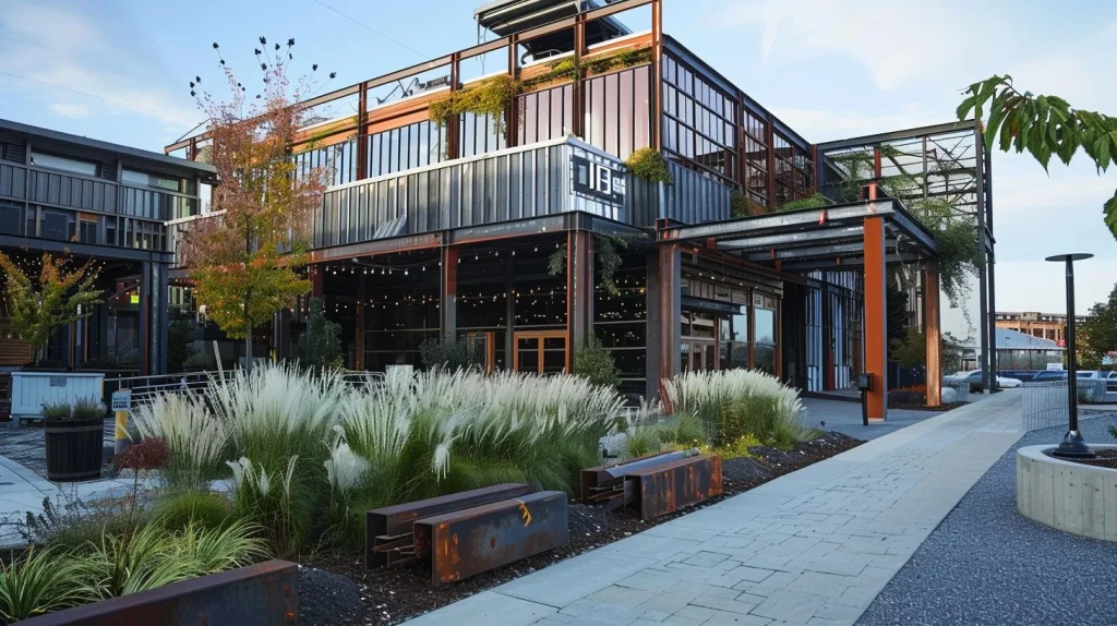 A modern industrial building with a corrugated metal roof in a cityscape photograph.