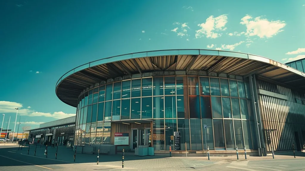 A modern industrial building with a corrugated metal roof in a cityscape photograph.