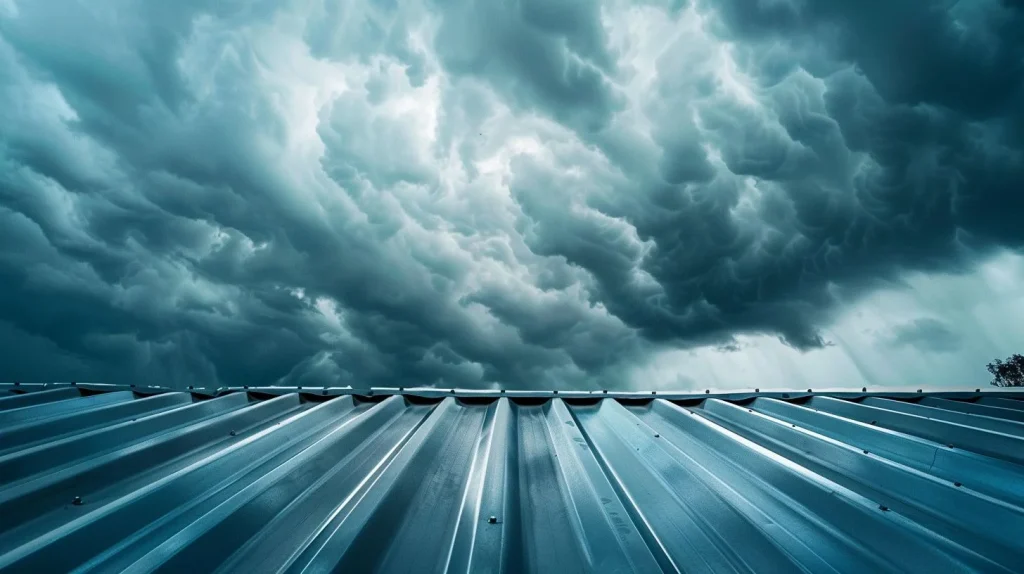 A photograph of Galvalume roofing sheets against a stormy sky.