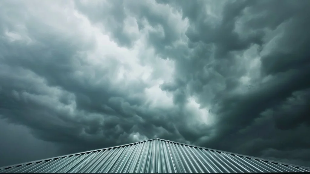 A photograph of Galvalume roofing sheets against a stormy sky.