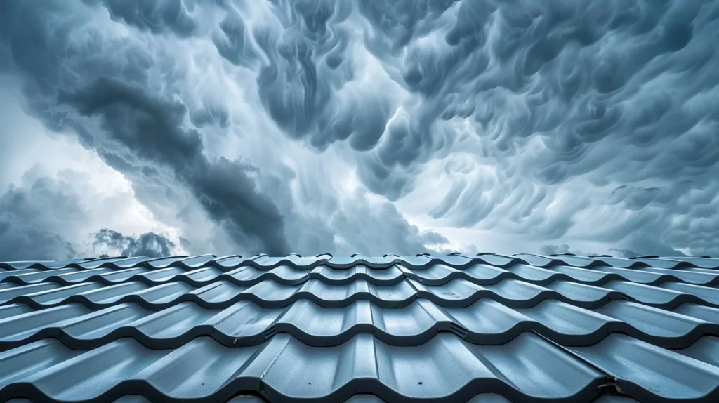 A photograph of Galvalume roofing sheets against a stormy sky.