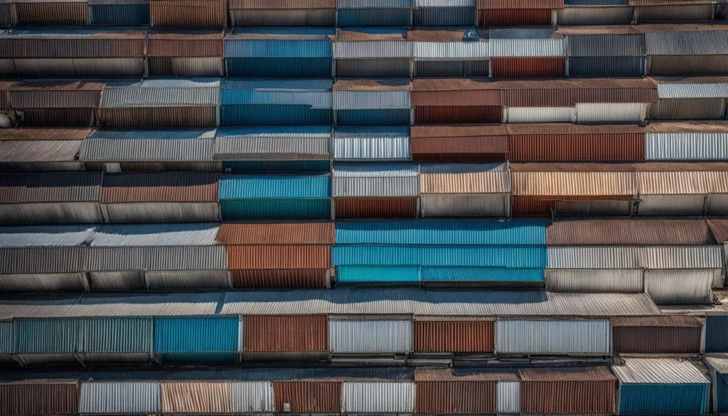 Various types of corrugated metal roofing arranged in a warehouse without people.