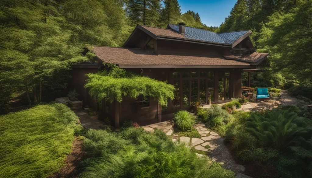 A stone-coated steel roofing panel surrounded by lush greenery in a bustling atmosphere, with no humans in the scene.