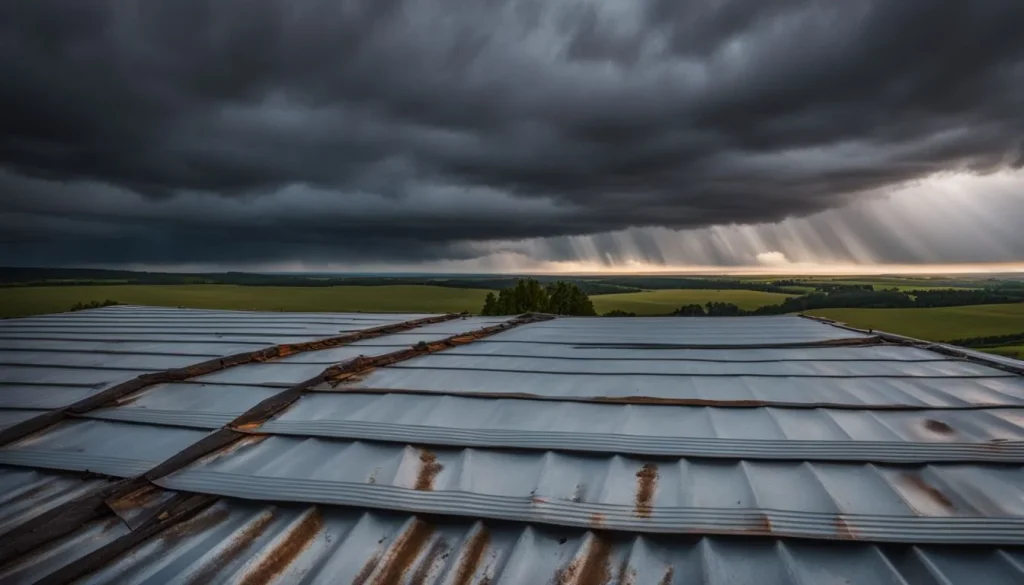 A close-up photo of a weathered corrugated metal roof under stormy skies.