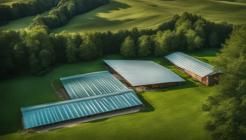 A field of Galvalume steel roofing sheets with a bustling atmosphere and green grass in the background.