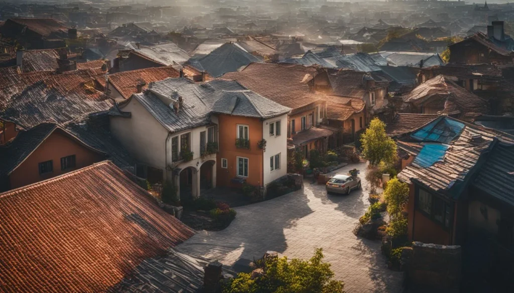 A photo of a neighborhood with a stone-coated steel roof, showcasing a bustling atmosphere with a variety of people.