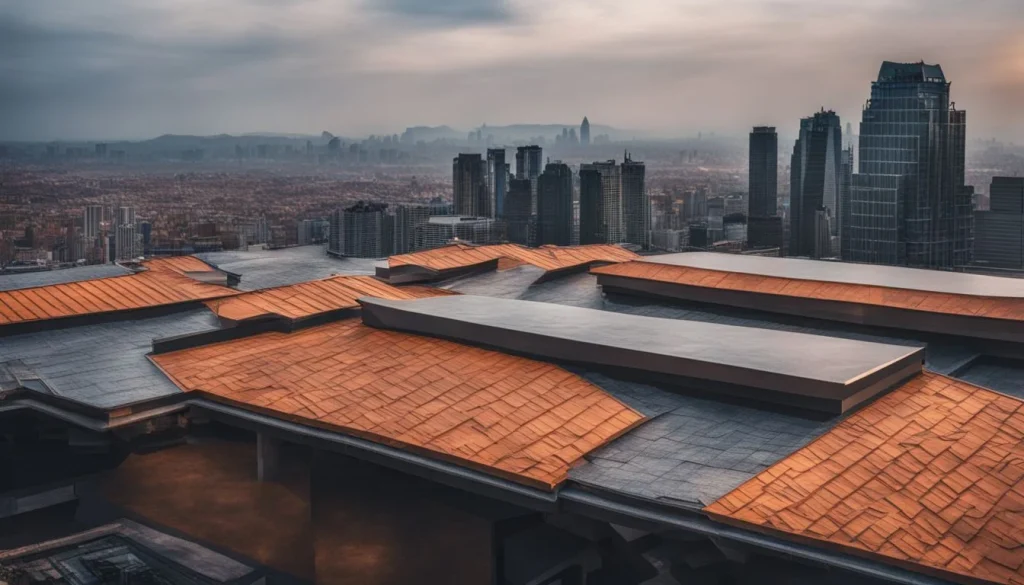 A close-up photo of stone coated steel roofing panels with a city skyline backdrop.