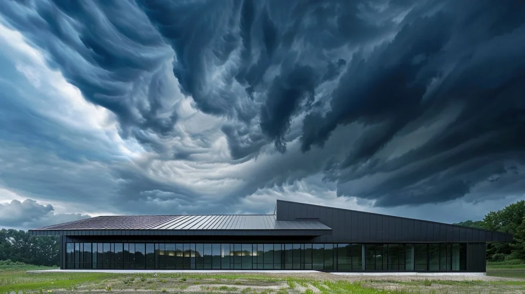 Steel roof panels with standing seam against stormy sky, captured with wide-angle lens.