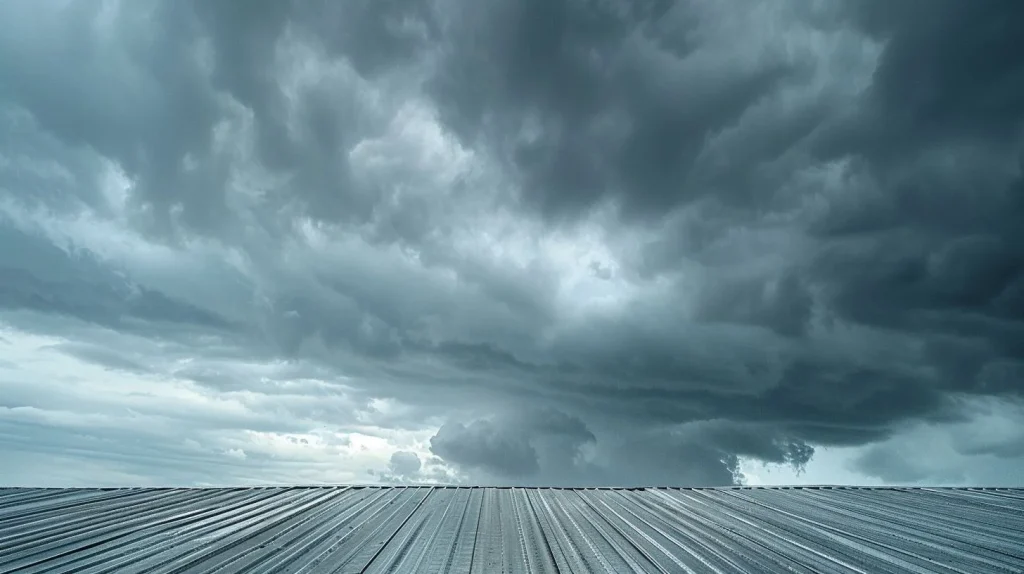 Steel roof panels with standing seam against stormy sky, captured with wide-angle lens.