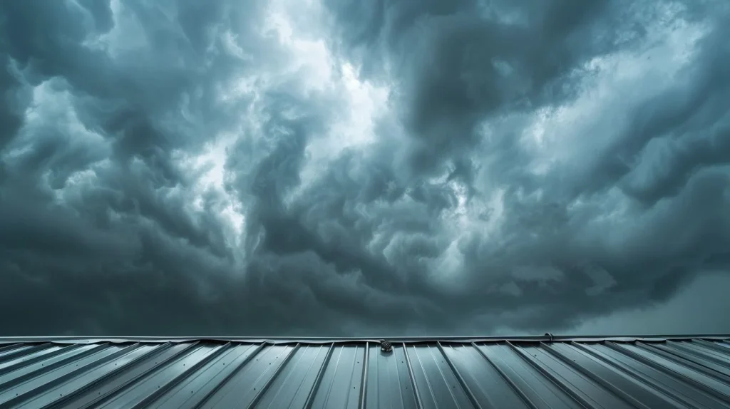 Steel roof panels with standing seam against stormy sky, captured with wide-angle lens.