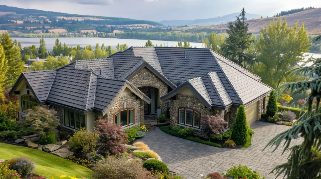 A stone-coated steel roofing installation in a lush landscape with people present.