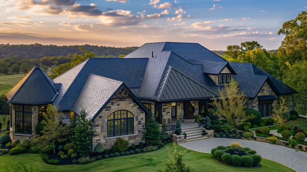 A stone-coated steel roofing installation in a lush landscape with people present.