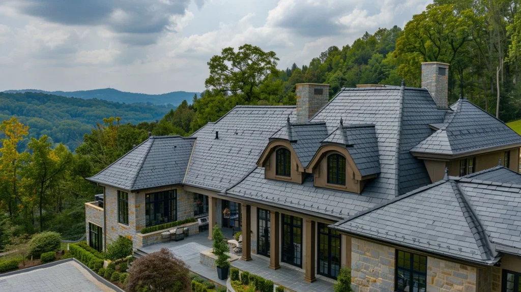 A stone-coated steel roofing installation in a lush landscape with people present.
