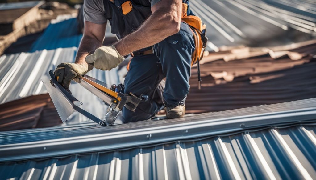 Construction worker installing metal roof panels on modern building.